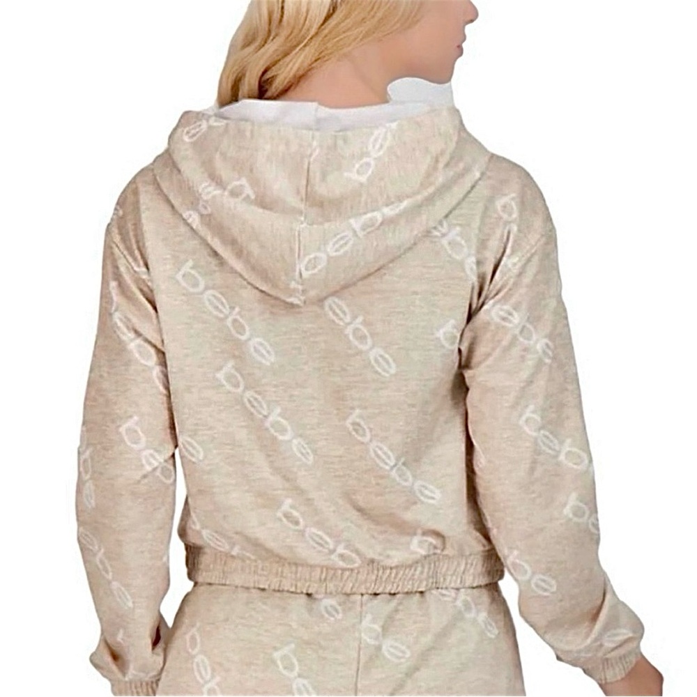 BEBE MSRP $70 Logo Printed Cropped Pullover Hoodie in Beige/White - Picture 4 of 6